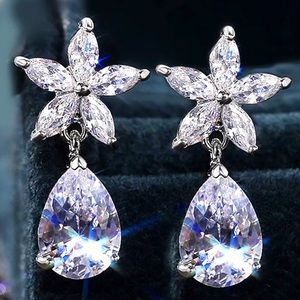 Micro Pave Diamond Silver Pear/Flower Earrings